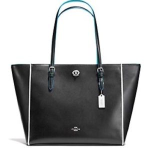 COACH tote bag Edgestain Turnlock leather black teal large purse